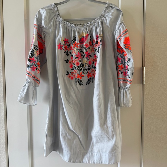 Free People Dresses & Skirts - Free People Gray Embroidered Off Shoulder Mini Dress Bell Sleeve M